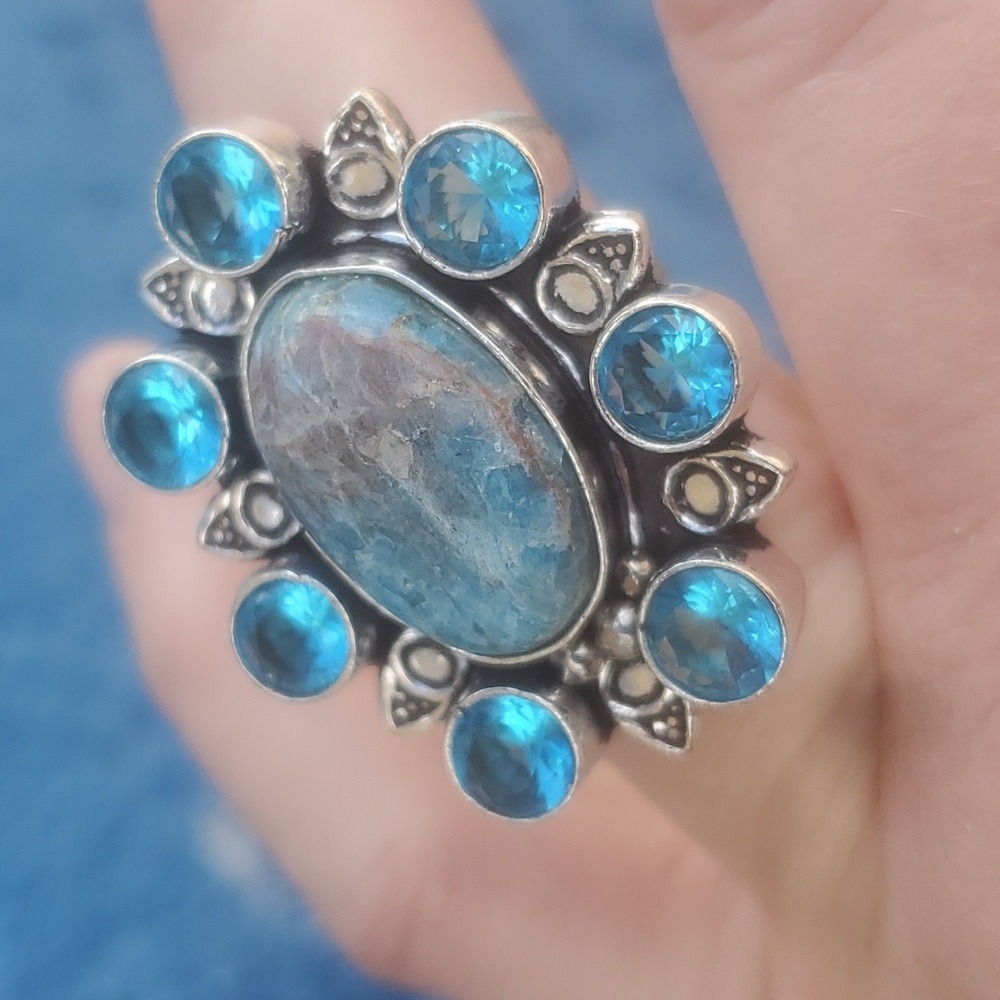 New Blue Apatite & Blue Topaz 925 Silver Statement Ring. - Picture 6 of 14